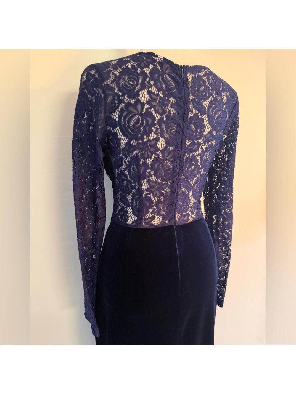 Navy Velvet Lace Sleeve Sheath Dress - Picture 5 of 6